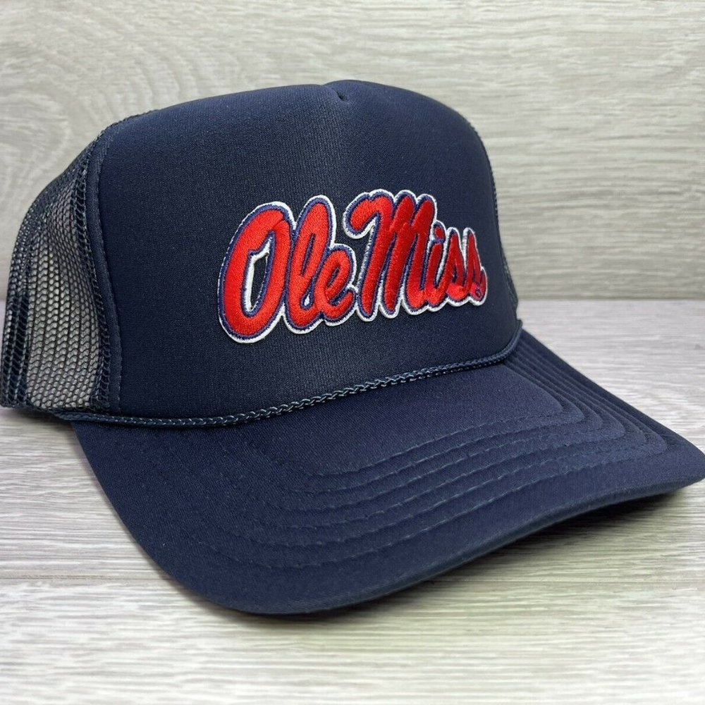 NEW VINTAGE STYLE OLE MISS NAVY BLUE TRUCKER HAT CAP ADULT SIZE C…
